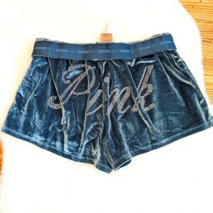 New PINK Teal Velvet Velour Boxer Shorts Fold Over Waist Band & Rhinestone Logo